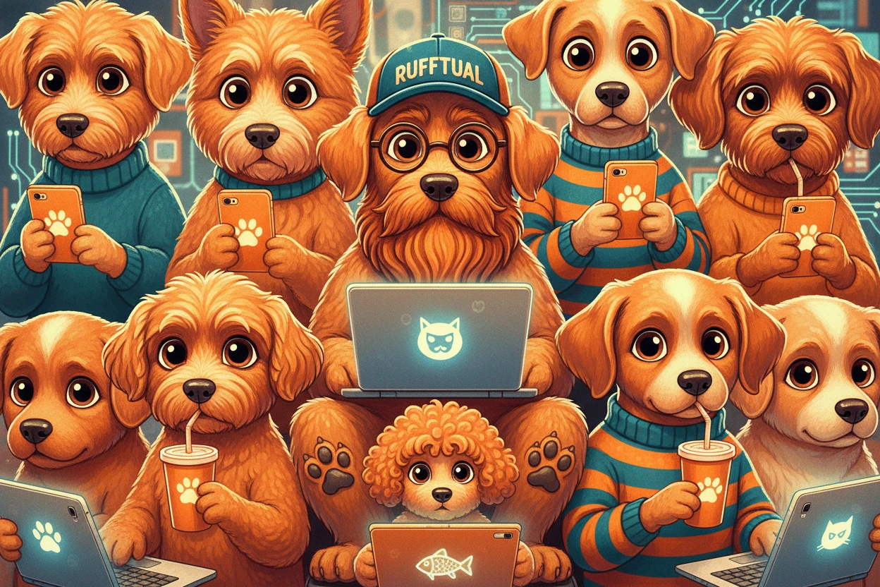 Ritratto di gruppo fiabesco di cani arancioni esperti di tecnologia