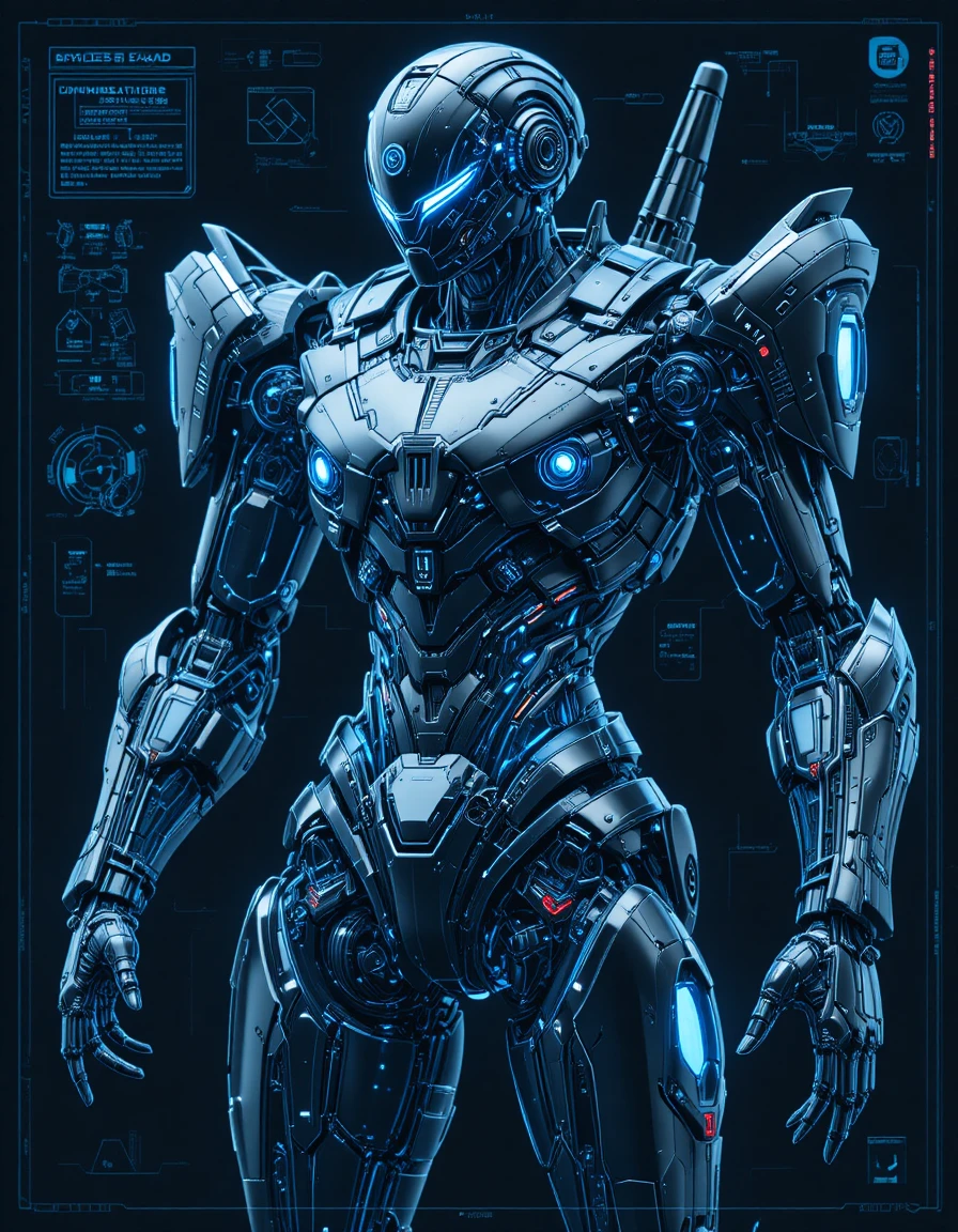 Blueprint di armatura mecha cibernetica futuristica con dettagli del cockpit