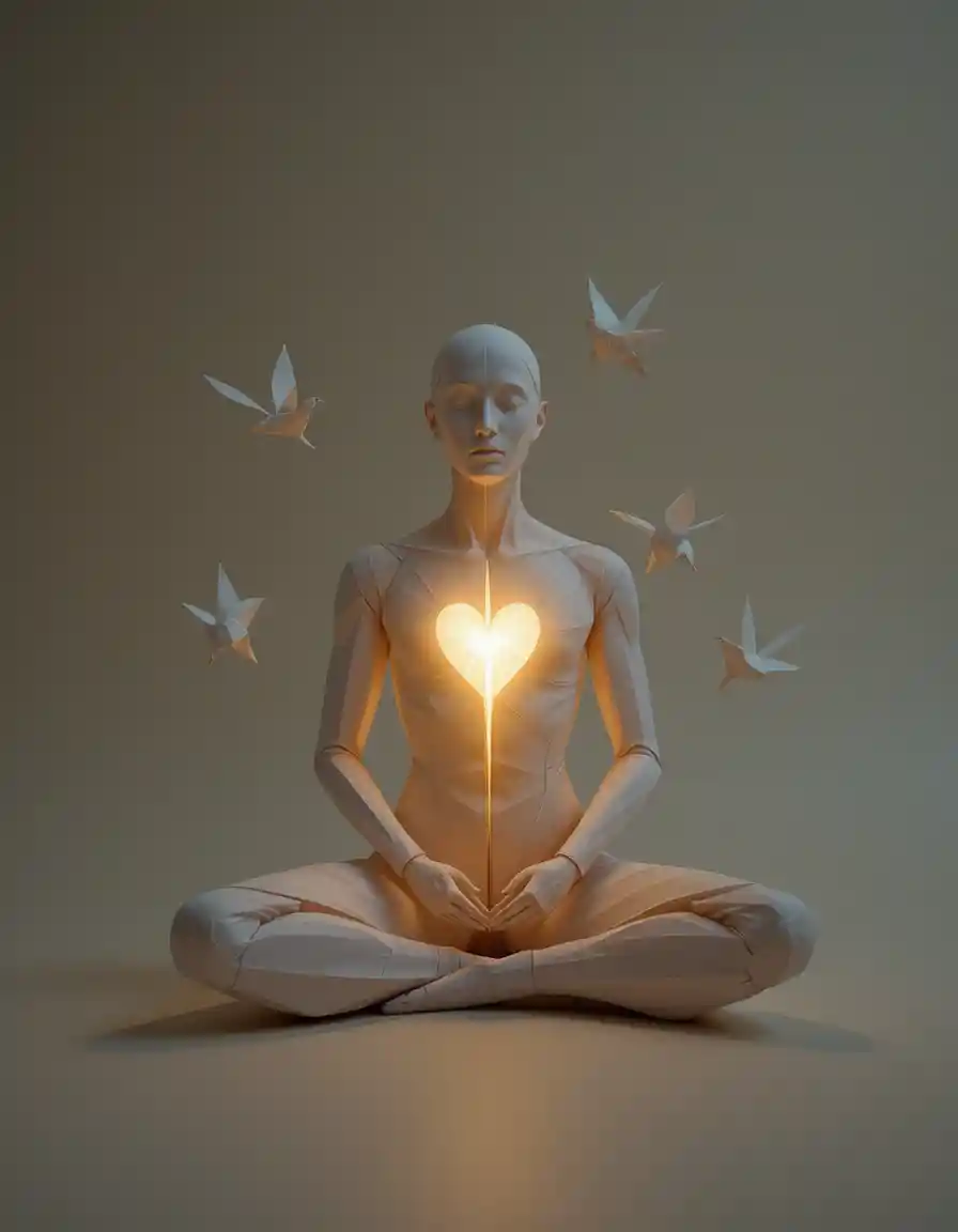 Origami human figure with glowing heart and paper birds