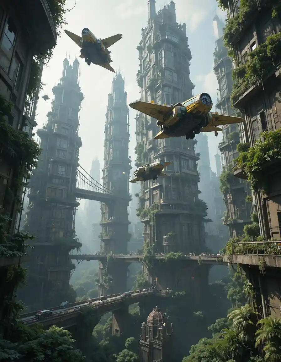 Flying cars weaving through a towering futuristic cityscape