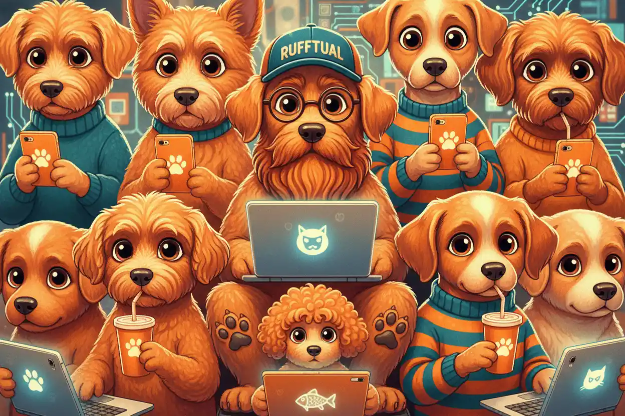 Whimsical group portrait of tech savvy orange toned dogs