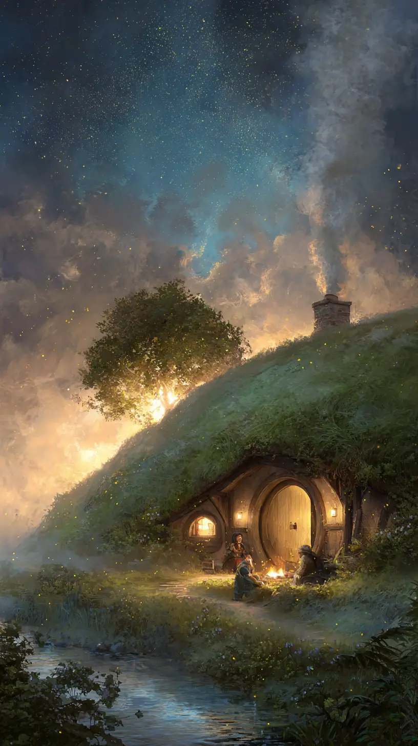Peaceful fantasy cottage by a hill at golden hour