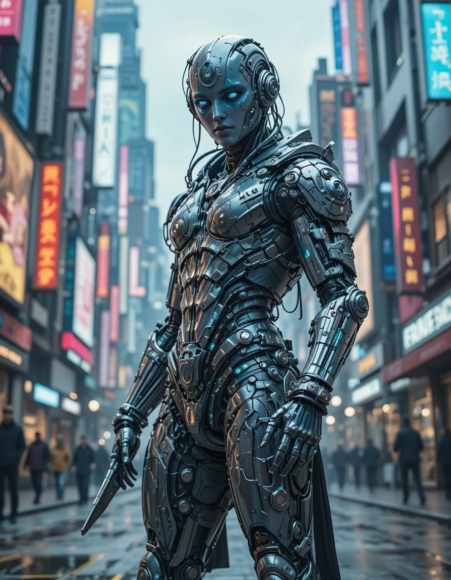 Cyberpunk-Cyborg-Mann posiert in einer futuristischen Neon-Metropole