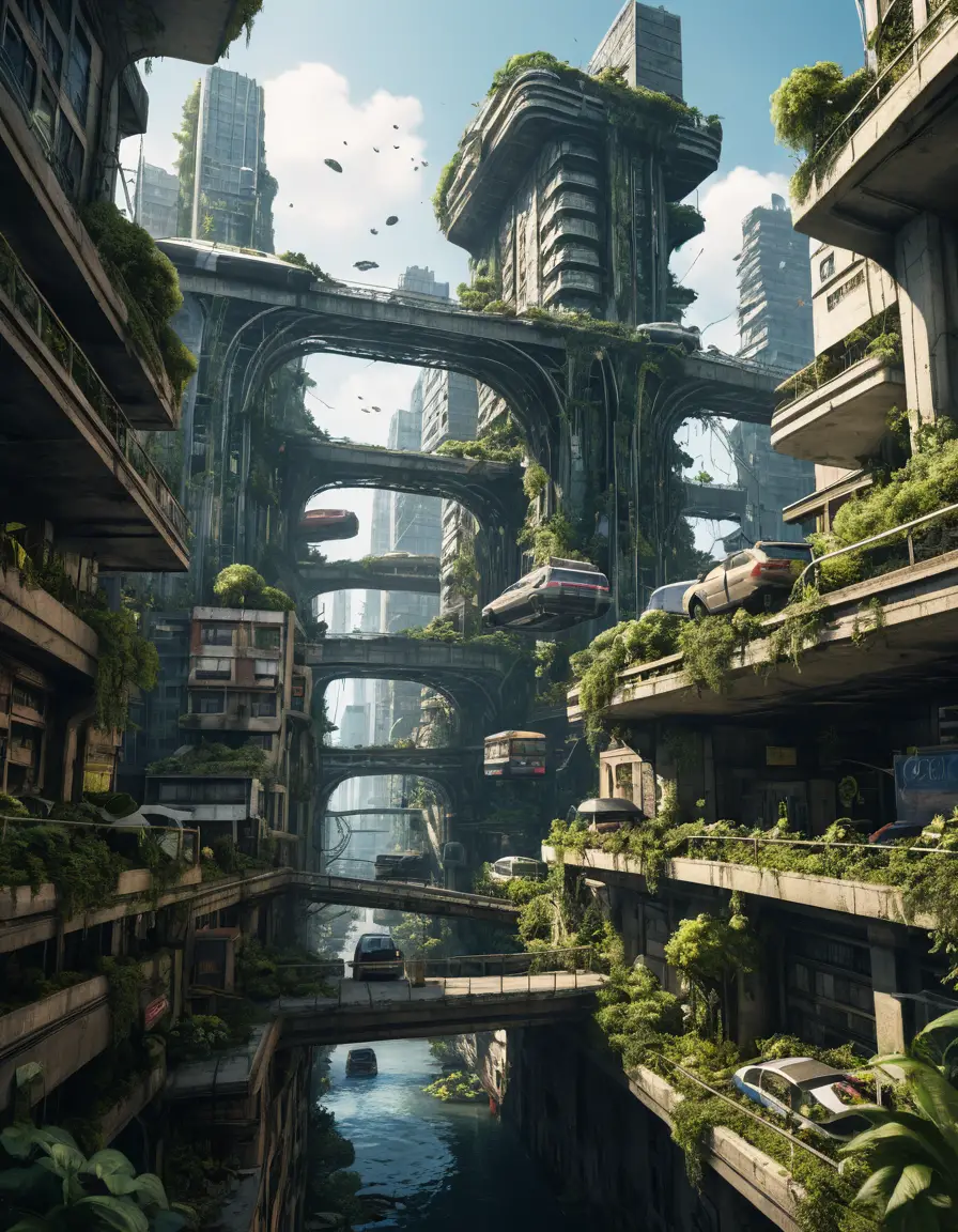 Close up of flying cars weaving through a towering city