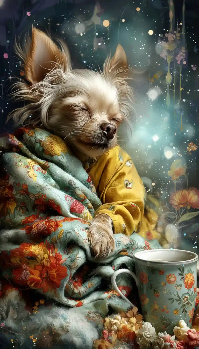 Verspielte, gemütliche Nachtillustration mit einem kleinen Chihuahua