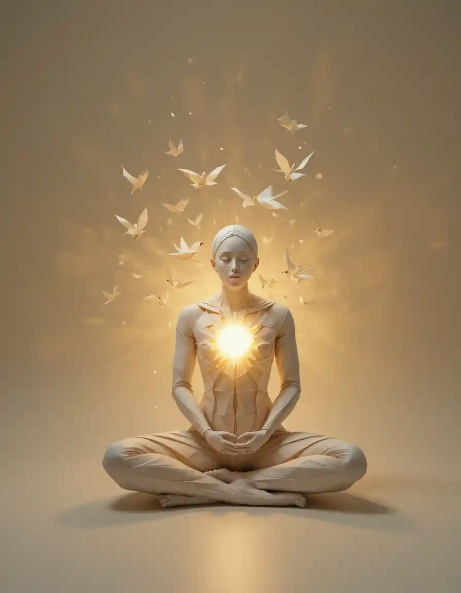 擁有發光心臟與飛舞紙鳥的摺紙人形