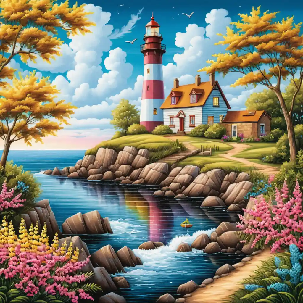 Bunter Leuchtturm an einem schmalen Sommerfluss mit Blumen