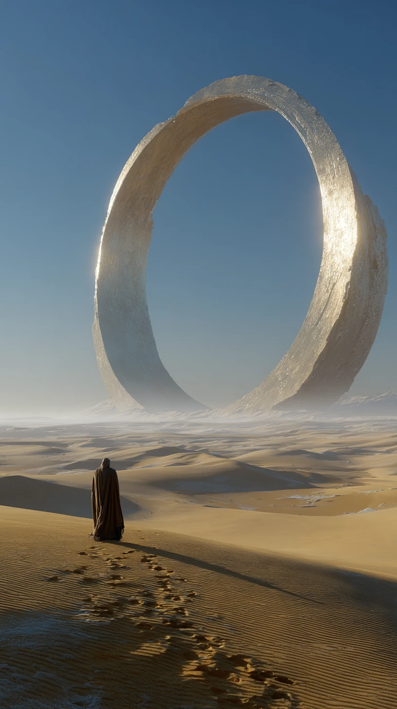 Colossal alien ring towering above vast desert dunes
