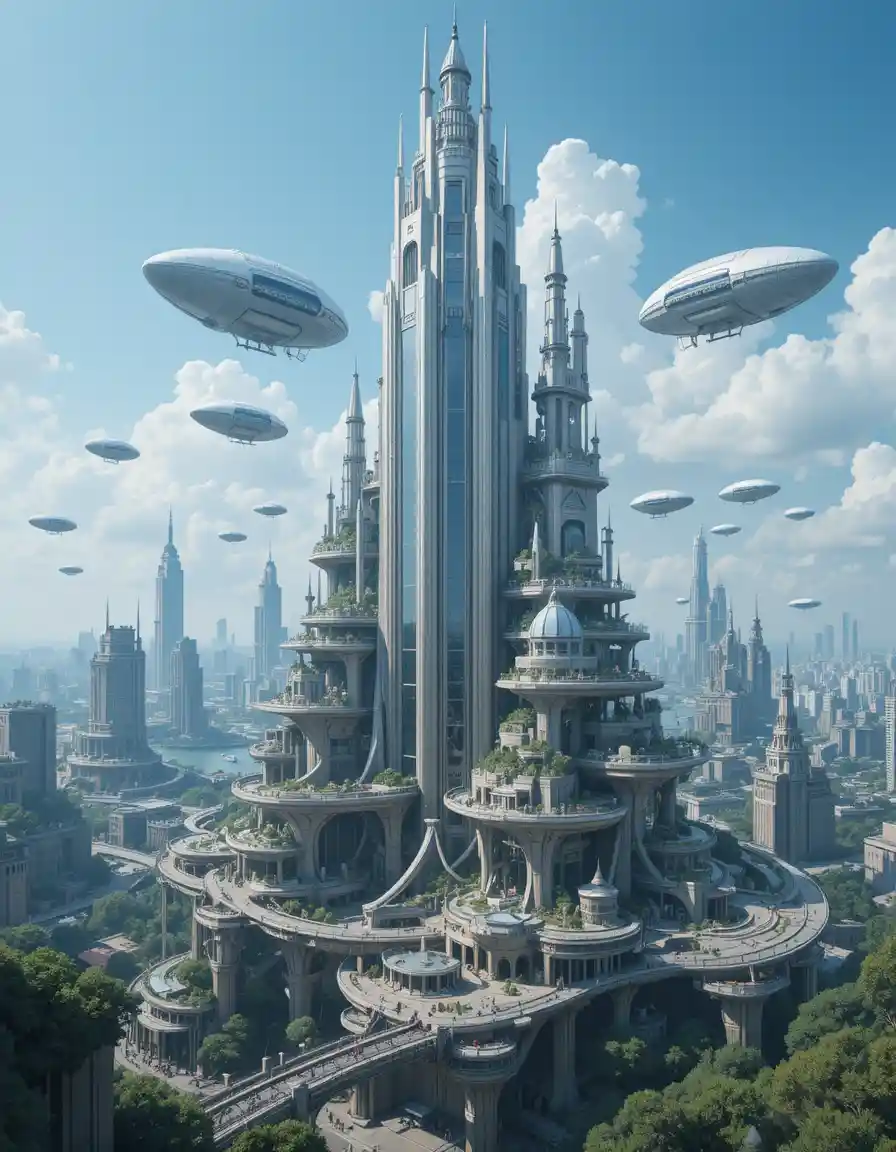 Overgrown futuristic city with towering zeppelin platforms