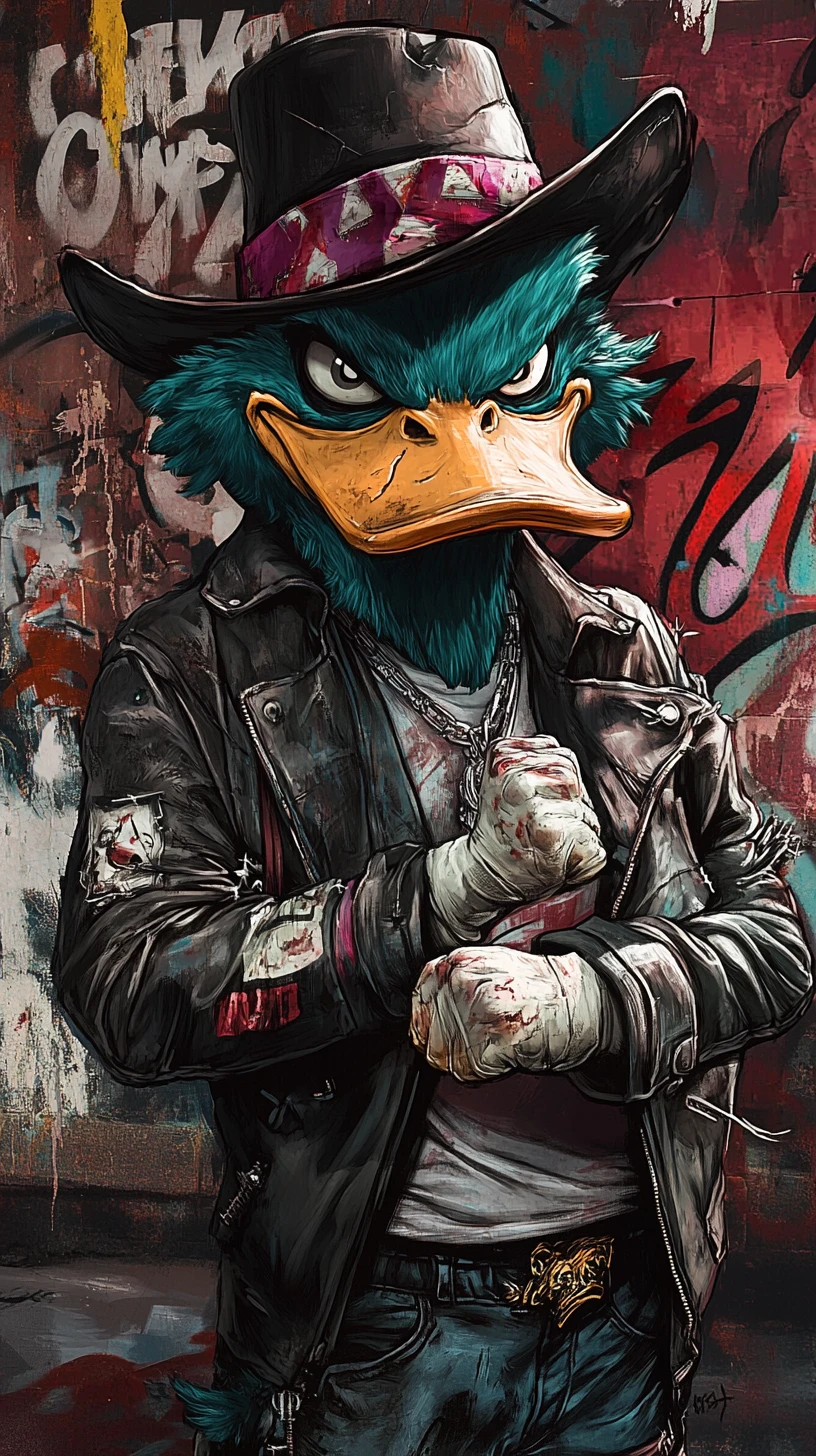 Vernarbter Enten-Mob-Unterboss mit Lederjacke und Fedora