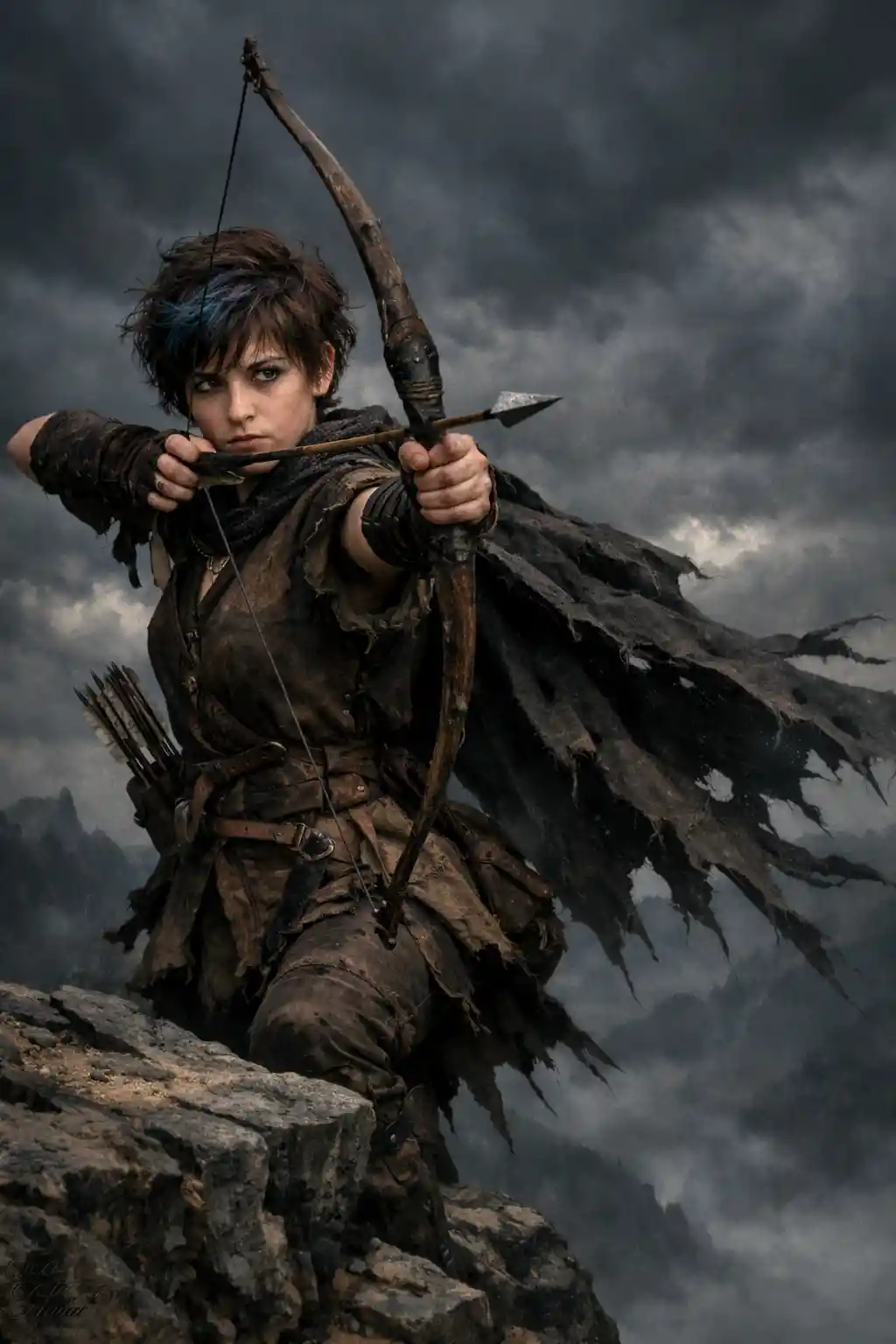 Teen hunter girl aiming an arrow on a stormy cliff