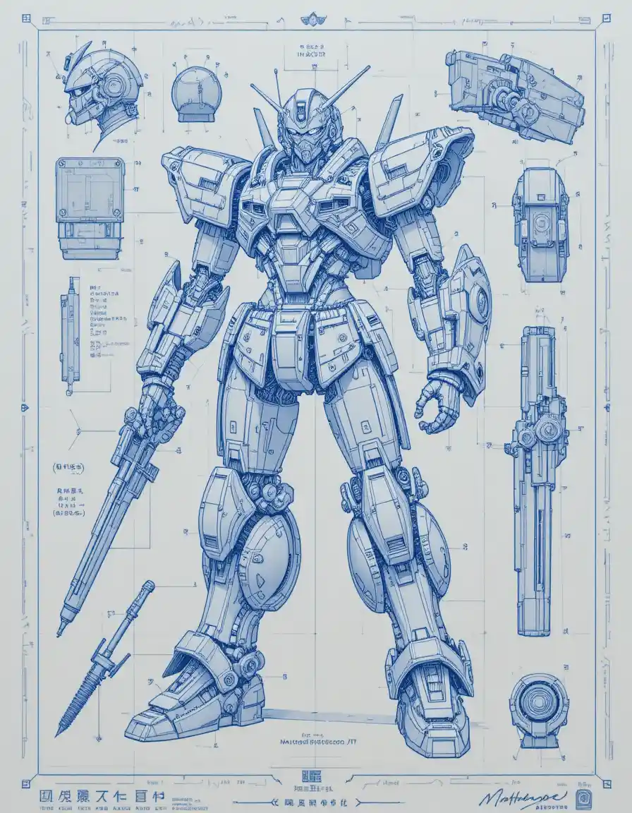 Technical blueprint of a cyberpunk japanese combat mecha design