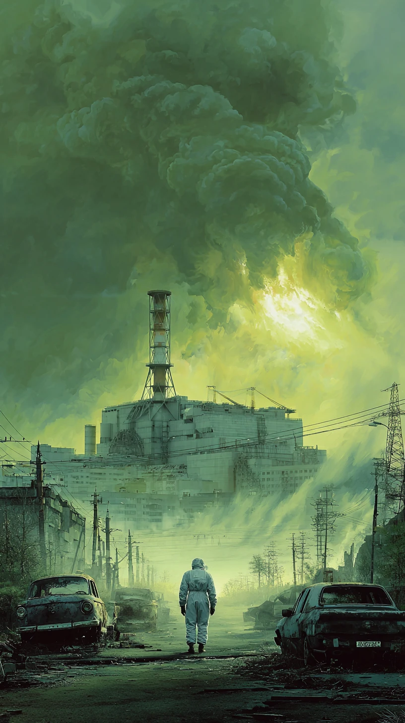 Hazmat Figure Before Ruined Chernobyl Reactor Landscape