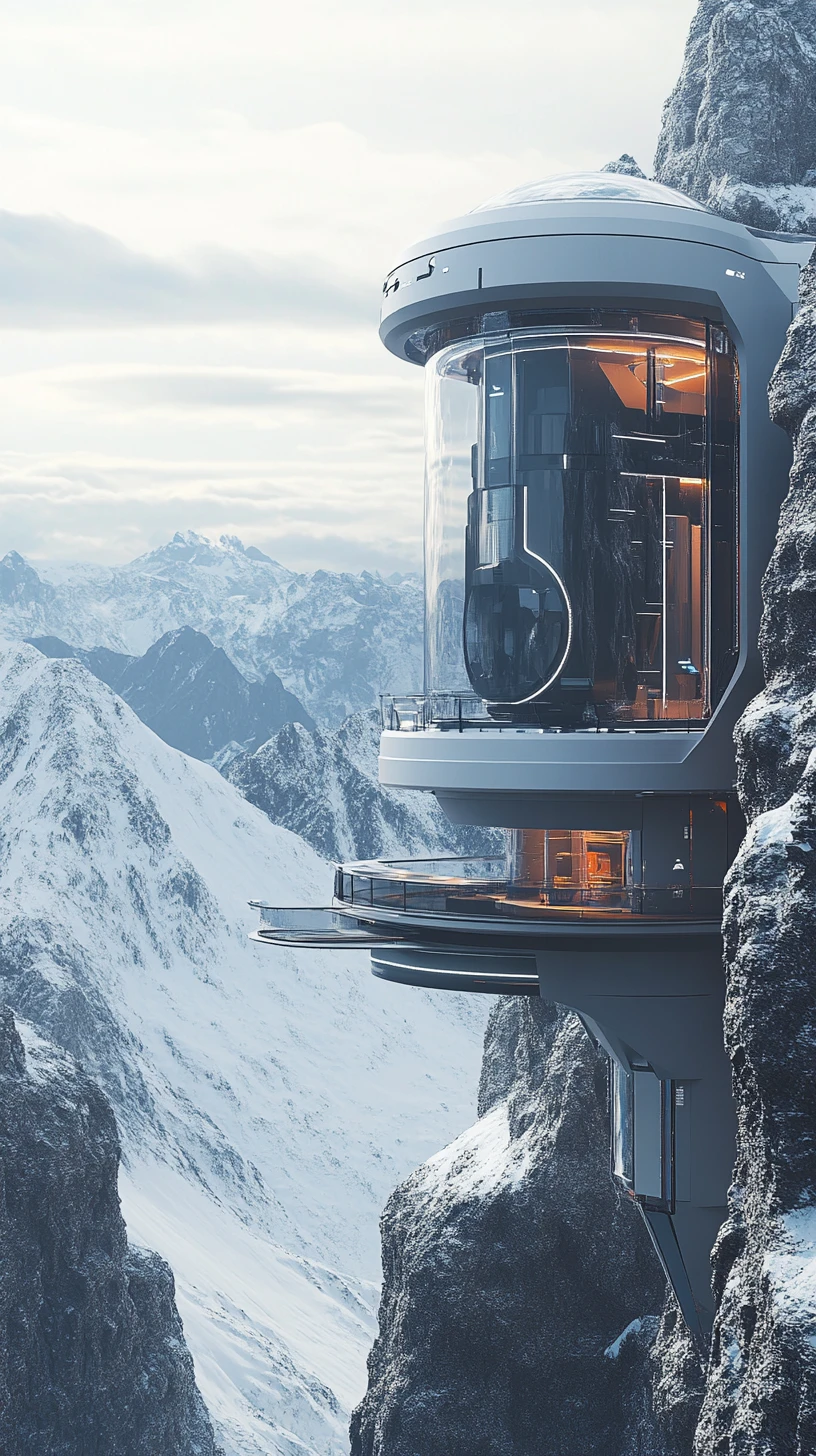 Futuristic Mountain Architecture With External Capsule Elevator
