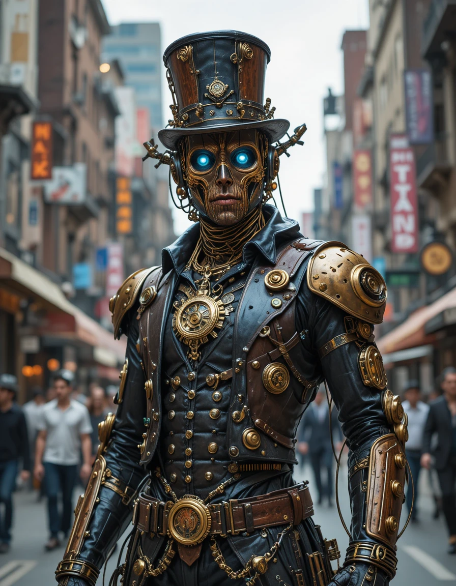 Steampunk-Cyborg-Held posiert in einer belebten Straße einer Messingstadt