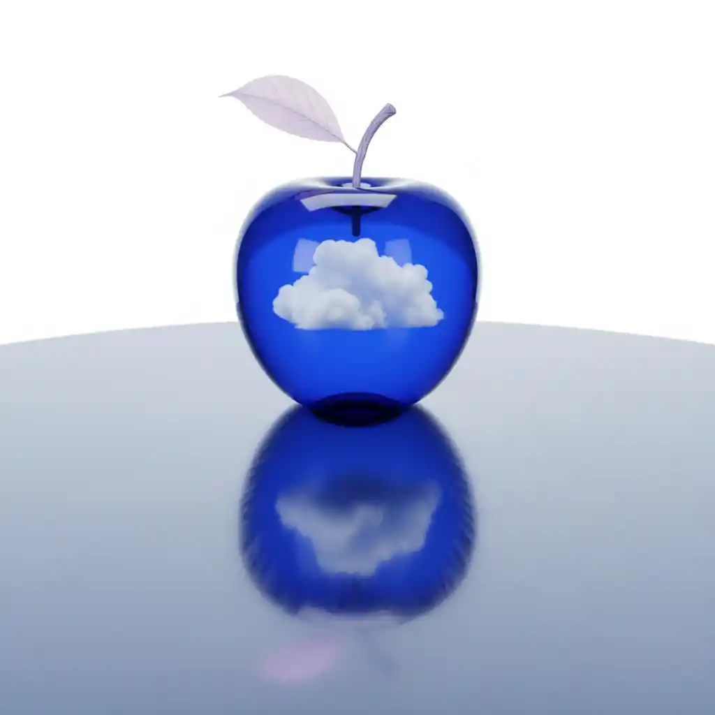 Blue glass apple with clouds on reflective metal table