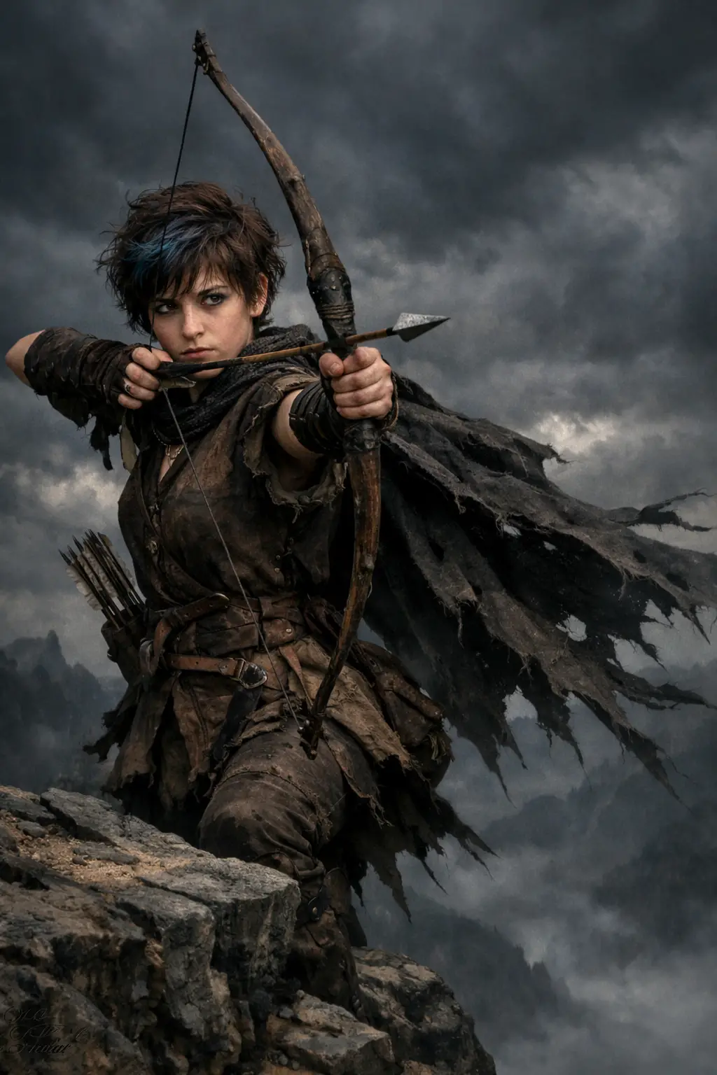 Teen hunter girl aiming an arrow on a stormy cliff