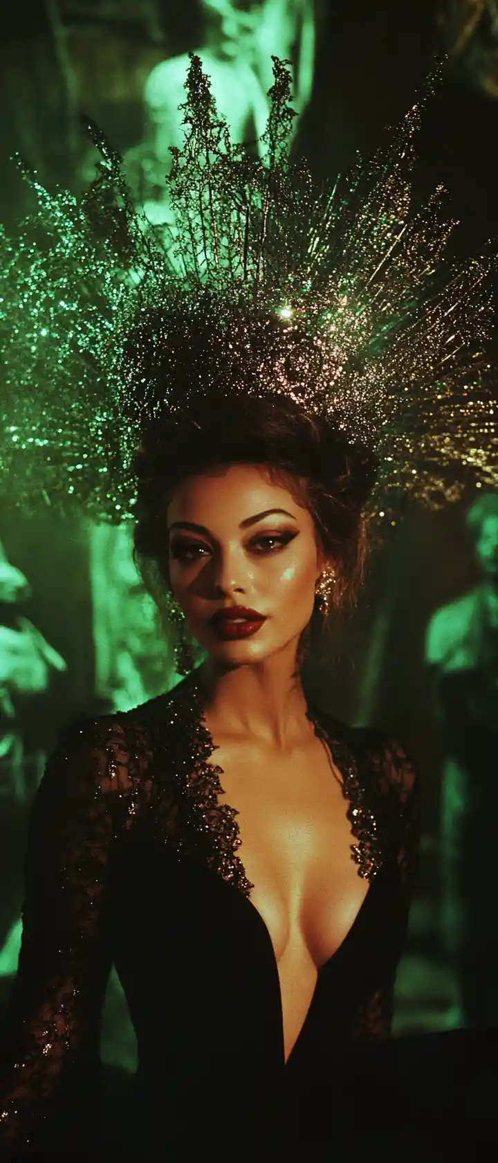 Mulher com adorno de cabeça metálico em fundo verde brilhante