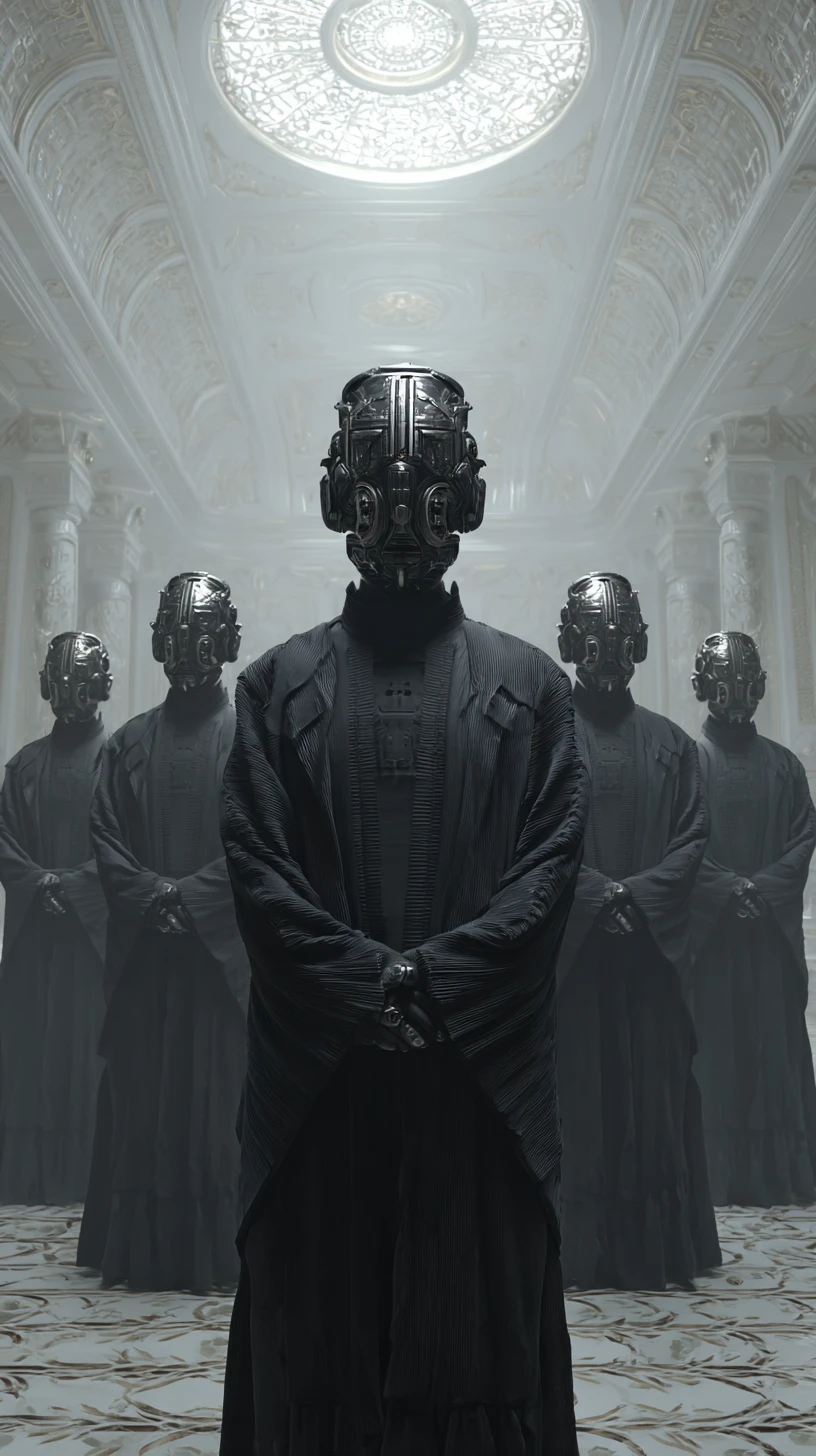Alien figure in cybernetic mask within vast cathedral hall