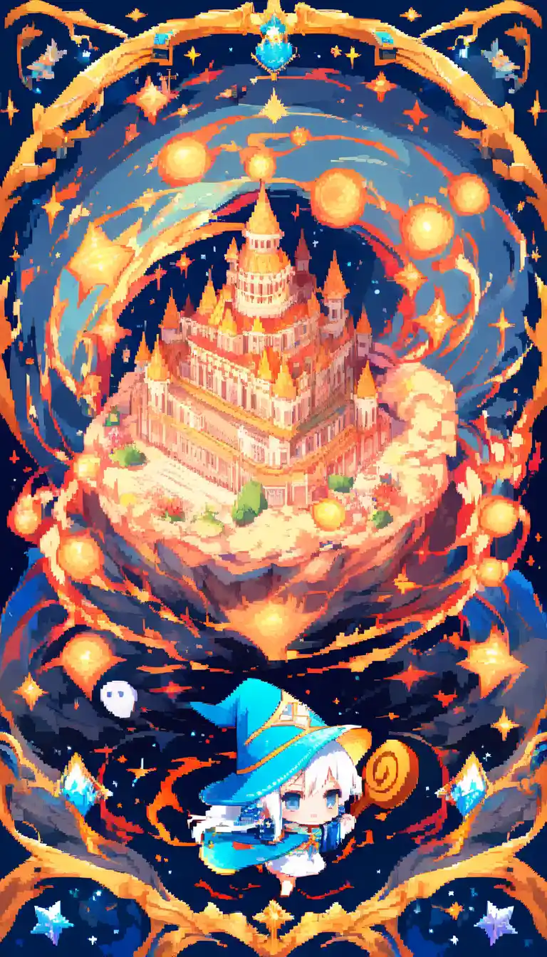 Sorcier marshmallow chibi avec bâton dans un château en pixel art