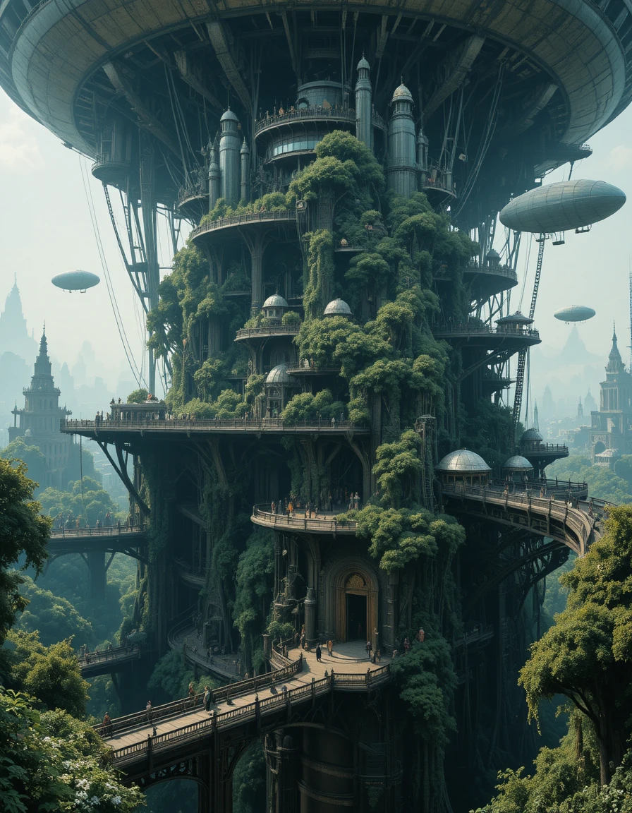 Overgrown fantasy city with towering zeppelin docks