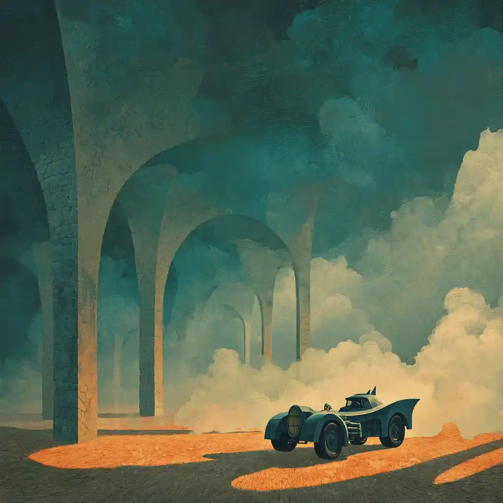 Coche de rally surrealista vagando por un paisaje abstracto neblinoso