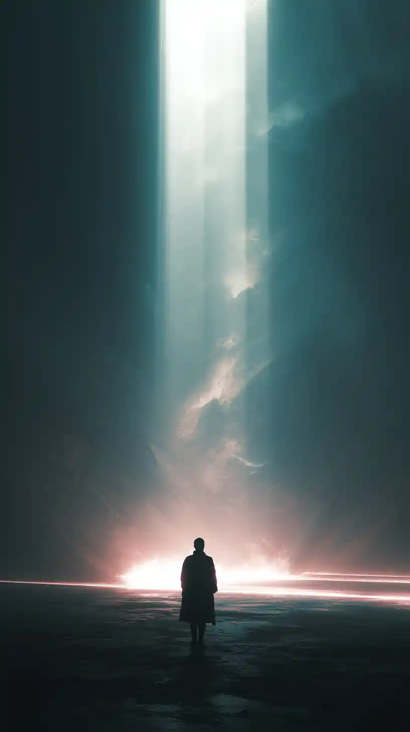 Figura de ciborgue solitária em uma vasta cidade sci-fi cinematográfica
