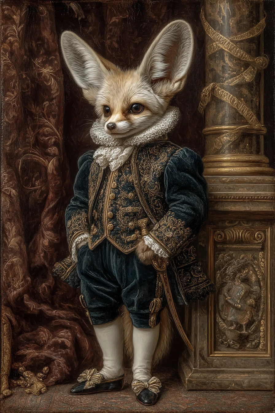 Renaissance court portrait of a regal fennec fox in velvet