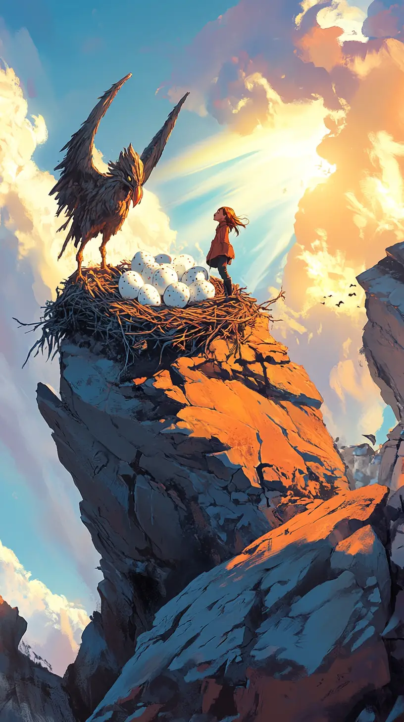 Young adventurer girl on cliff with glowing griffin eggs