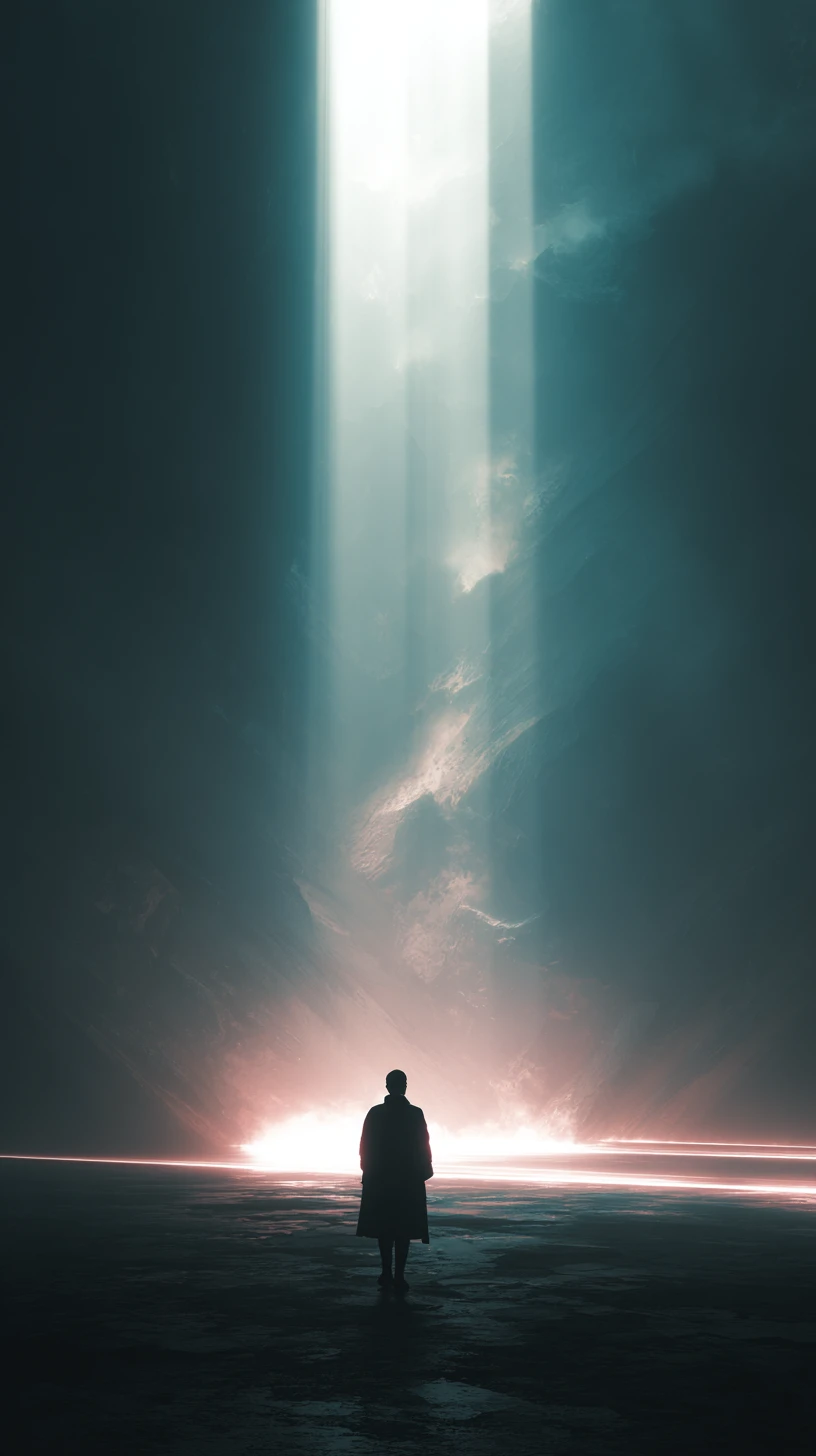 Figura de ciborgue solitária em uma vasta cidade sci-fi cinematográfica
