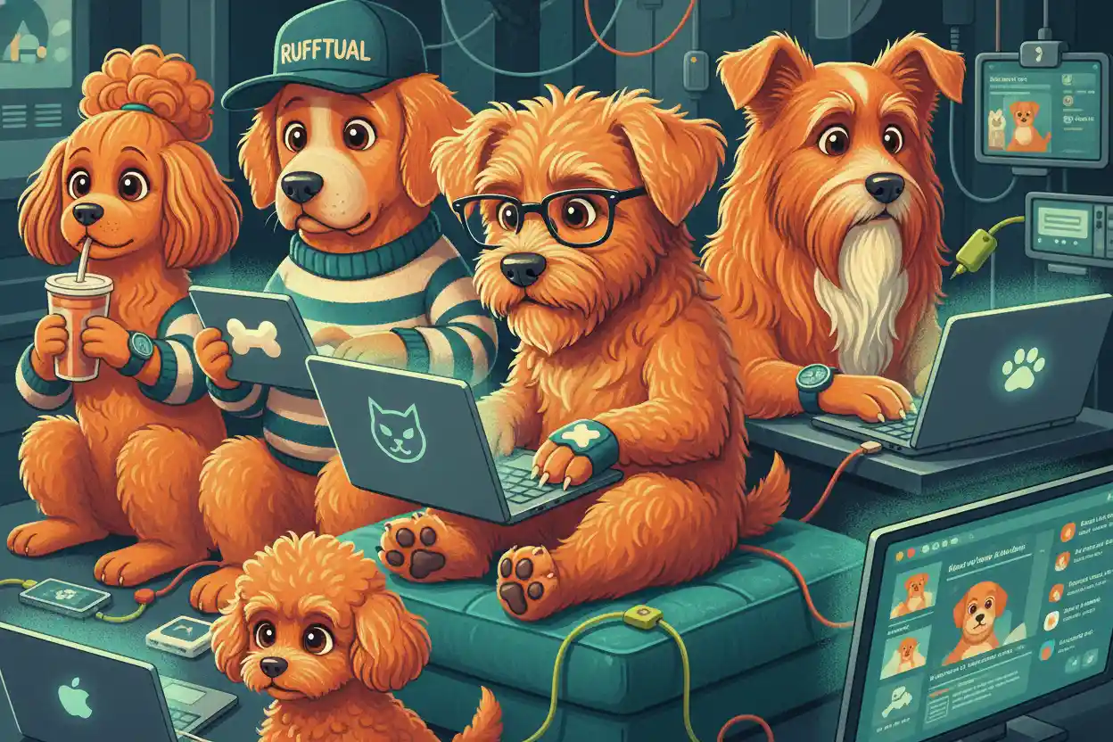 Gruppo di cani arancioni esperti di tecnologia in un'illustrazione giocosa