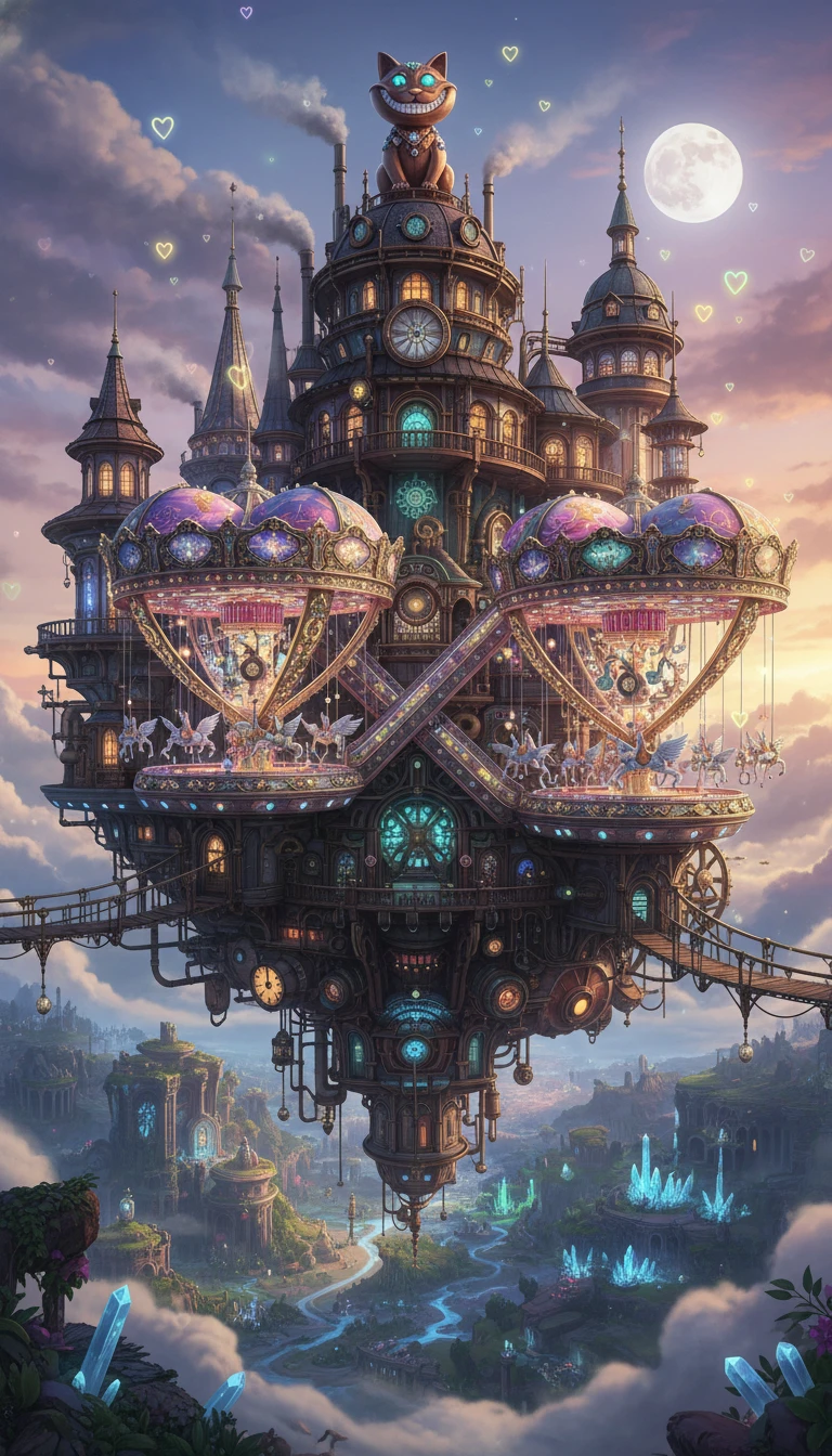 Whimsical floating steampunk park above a mystical realm