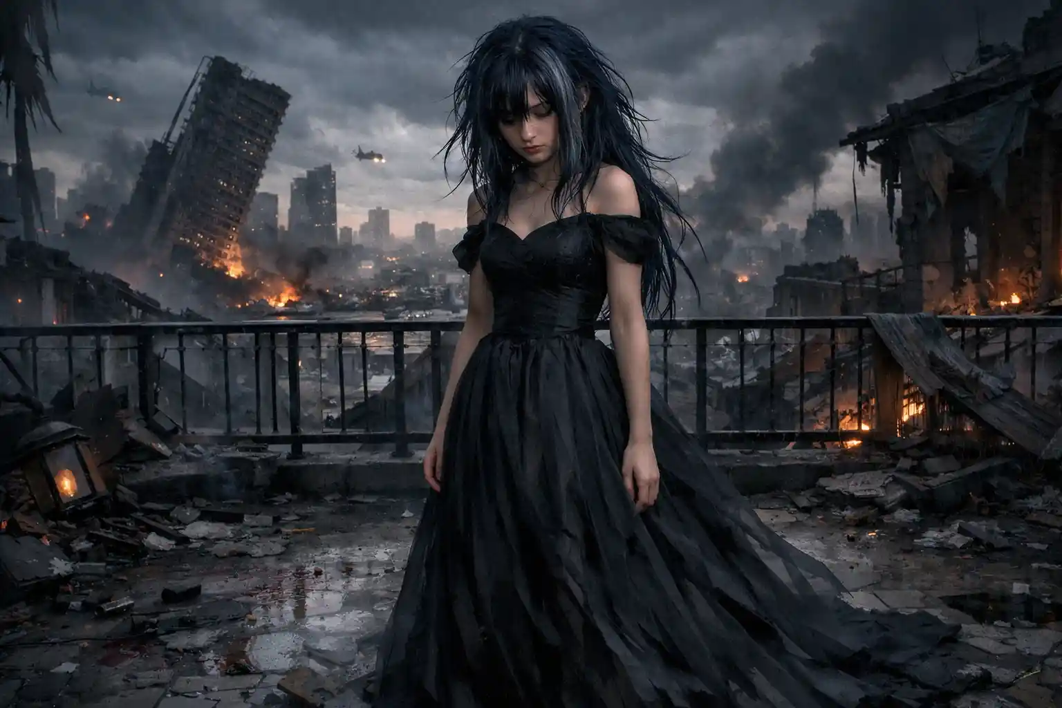 Teen girl on a rooftop in a broken dark world