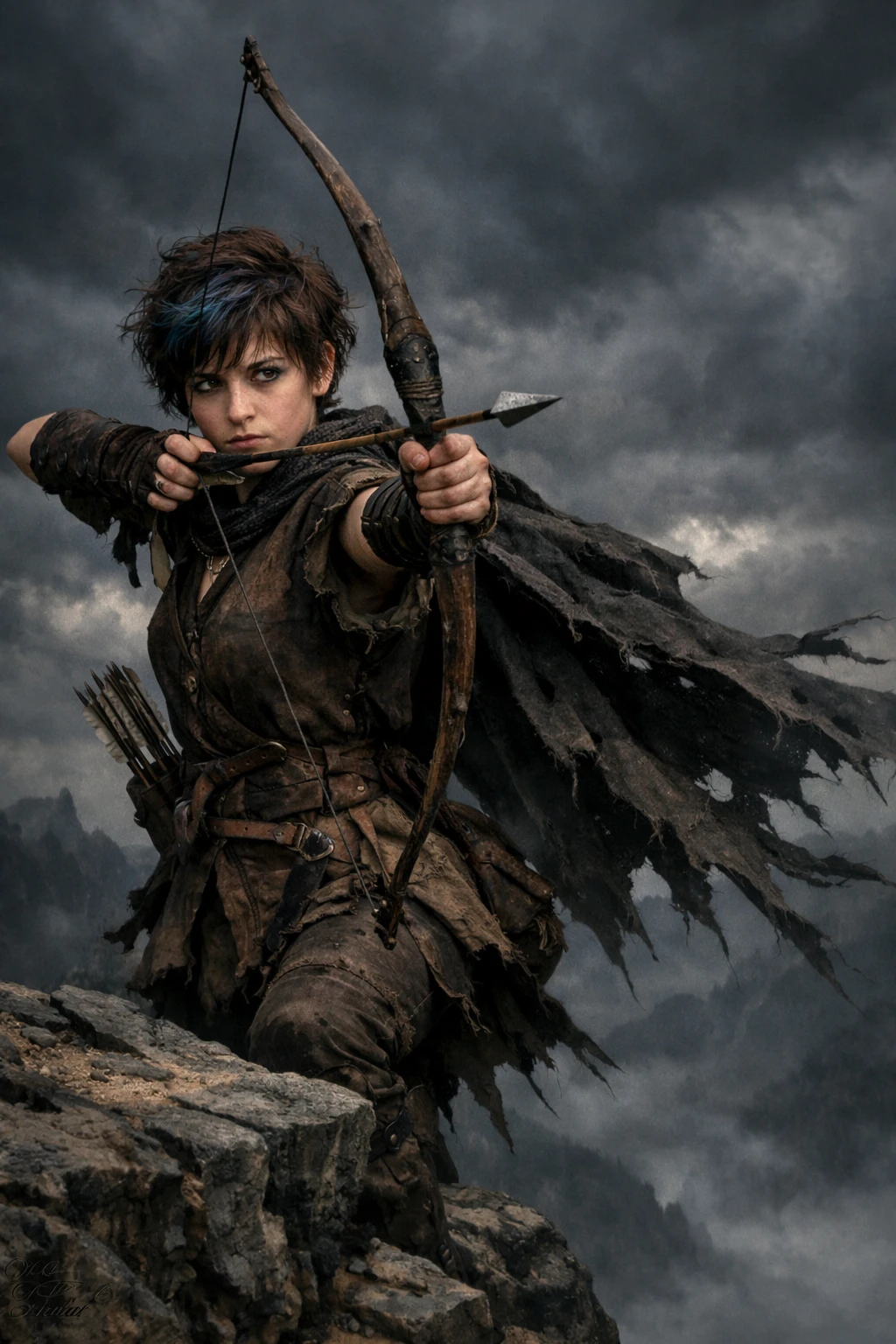 Teen hunter girl aiming an arrow on a stormy cliff