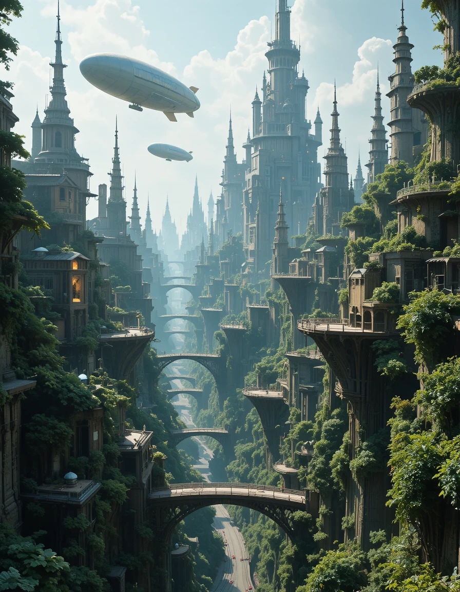 Close up of towering fantasy city with flying airships