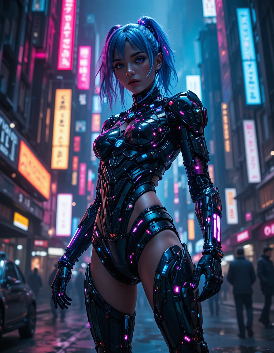 Androgynous cybernetic god in neon dystopian cityscape