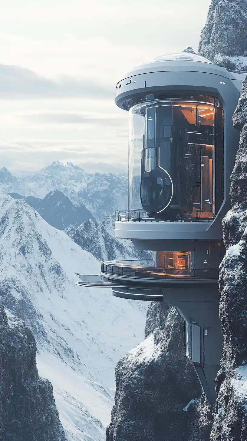 Futuristic Mountain Architecture With External Capsule Elevator