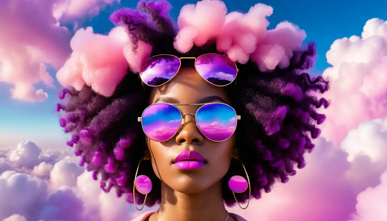 Mujer negra entre nubes en tonos pastel con gafas de sol llamativas
