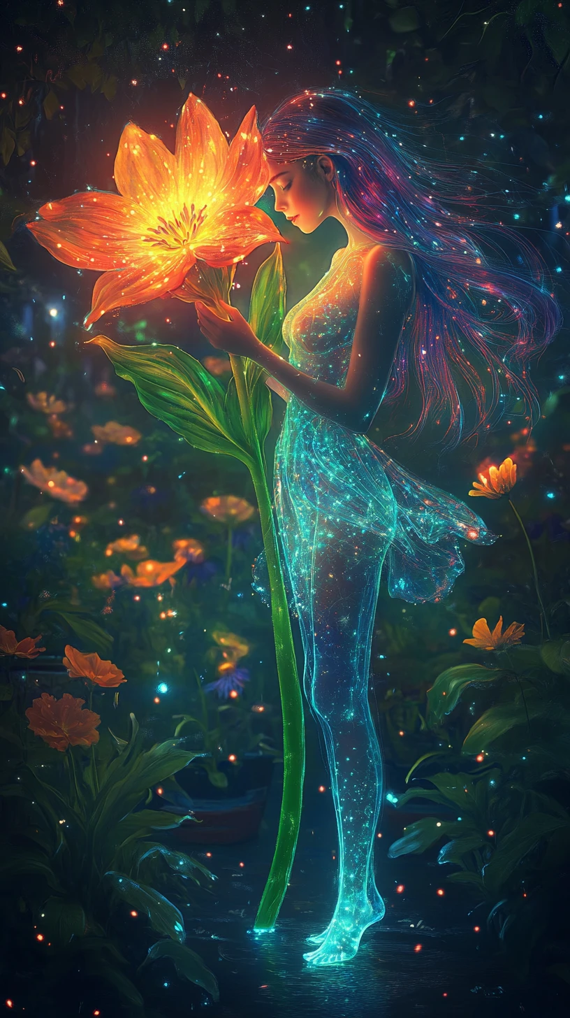 黑暗花園中捧著發光橙色花朵的天界女子