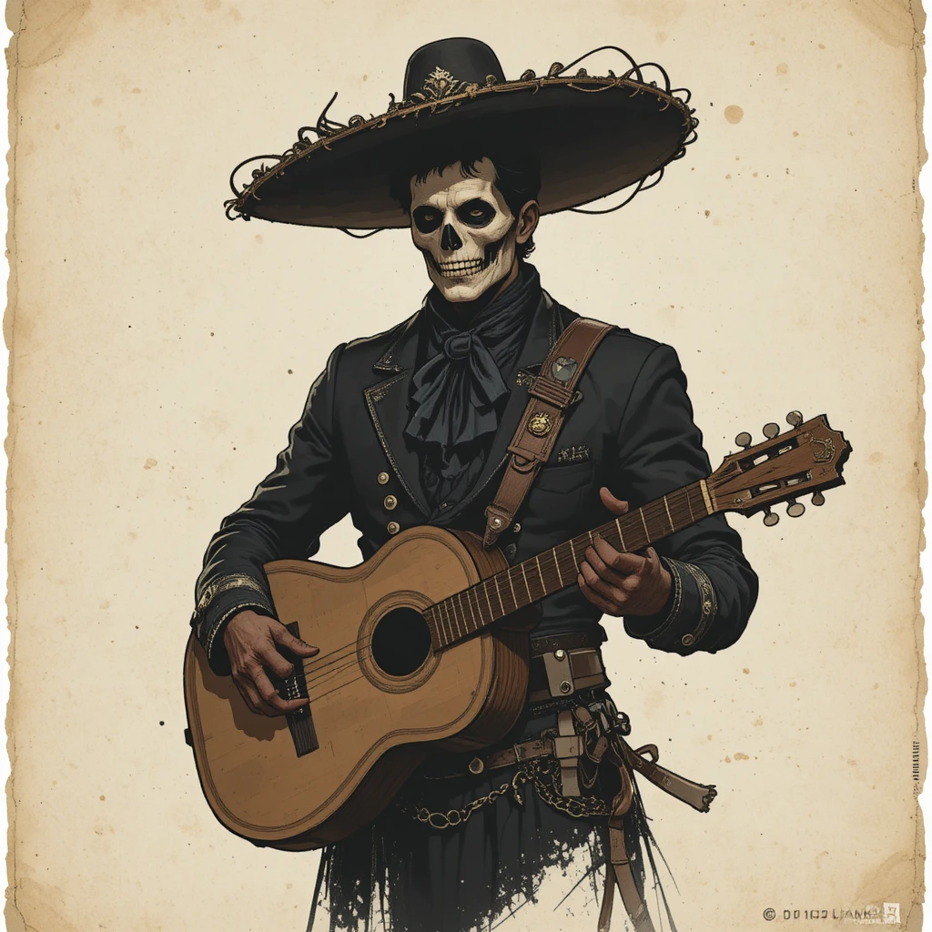 Charro fantastique en costume noir avec masque osseux sur le visage