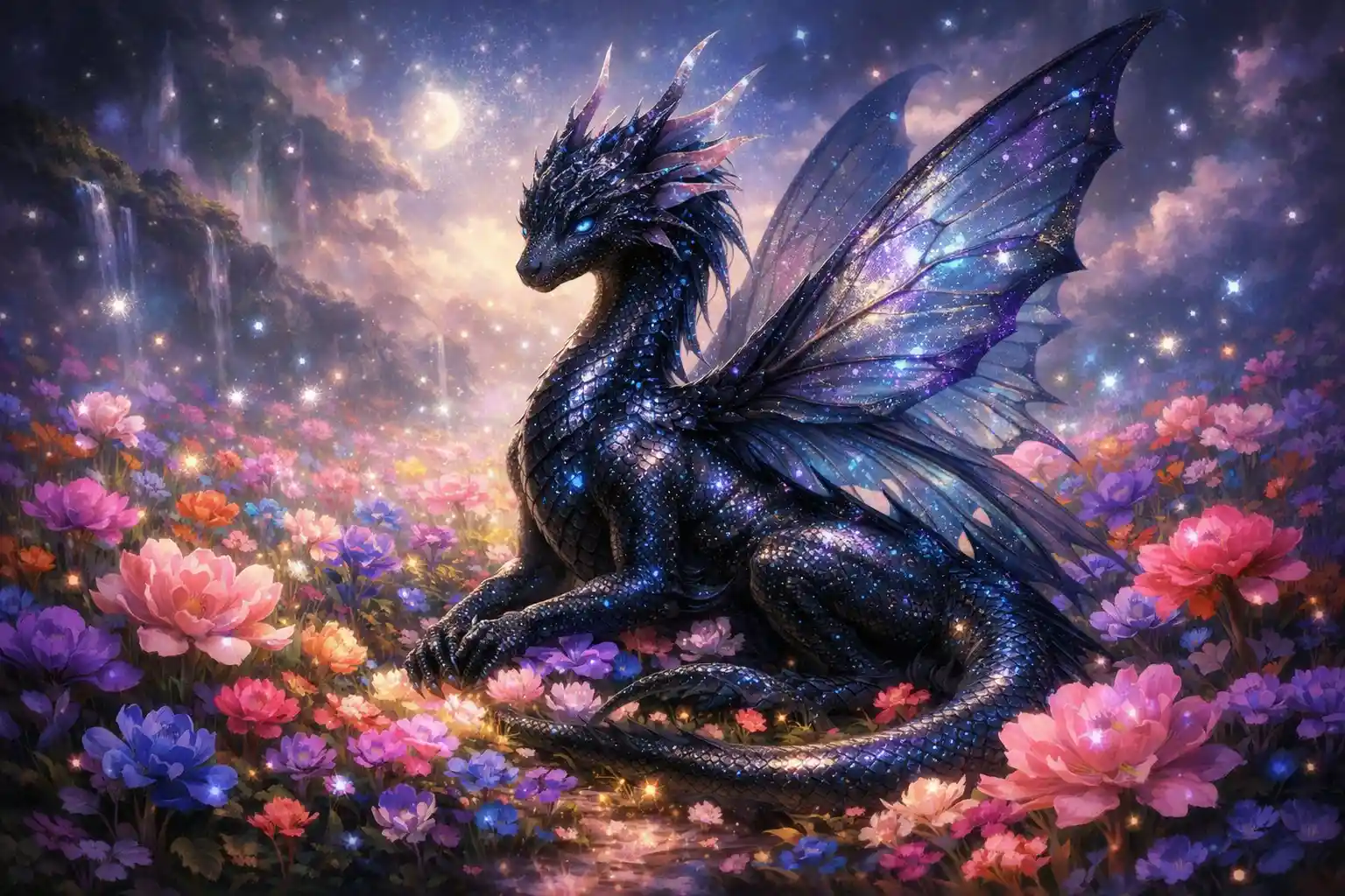 寧靜的精靈巨龍歇息在繽紛花海中