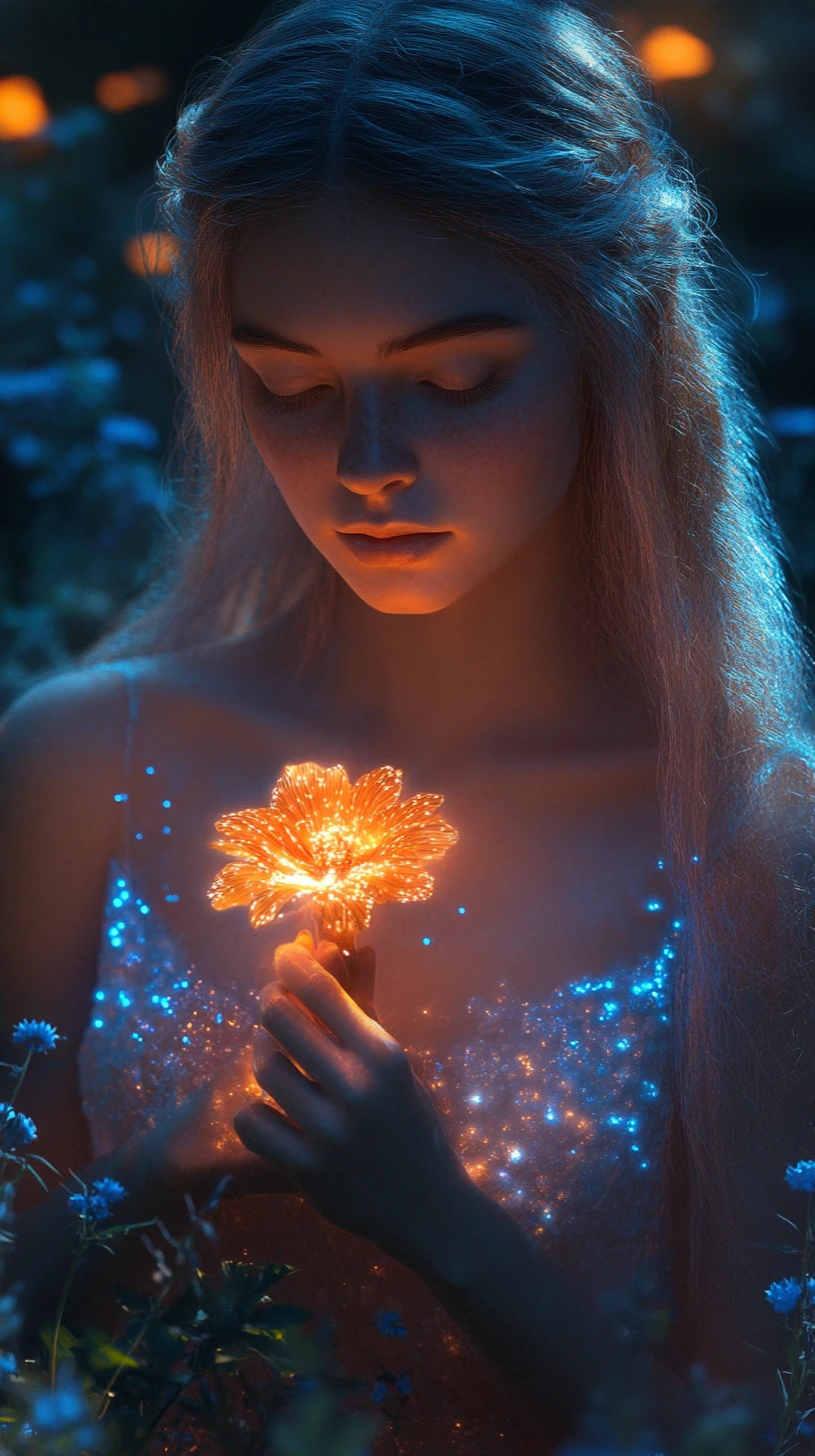 魔法の庭で光る花を持つ幻想的な少女