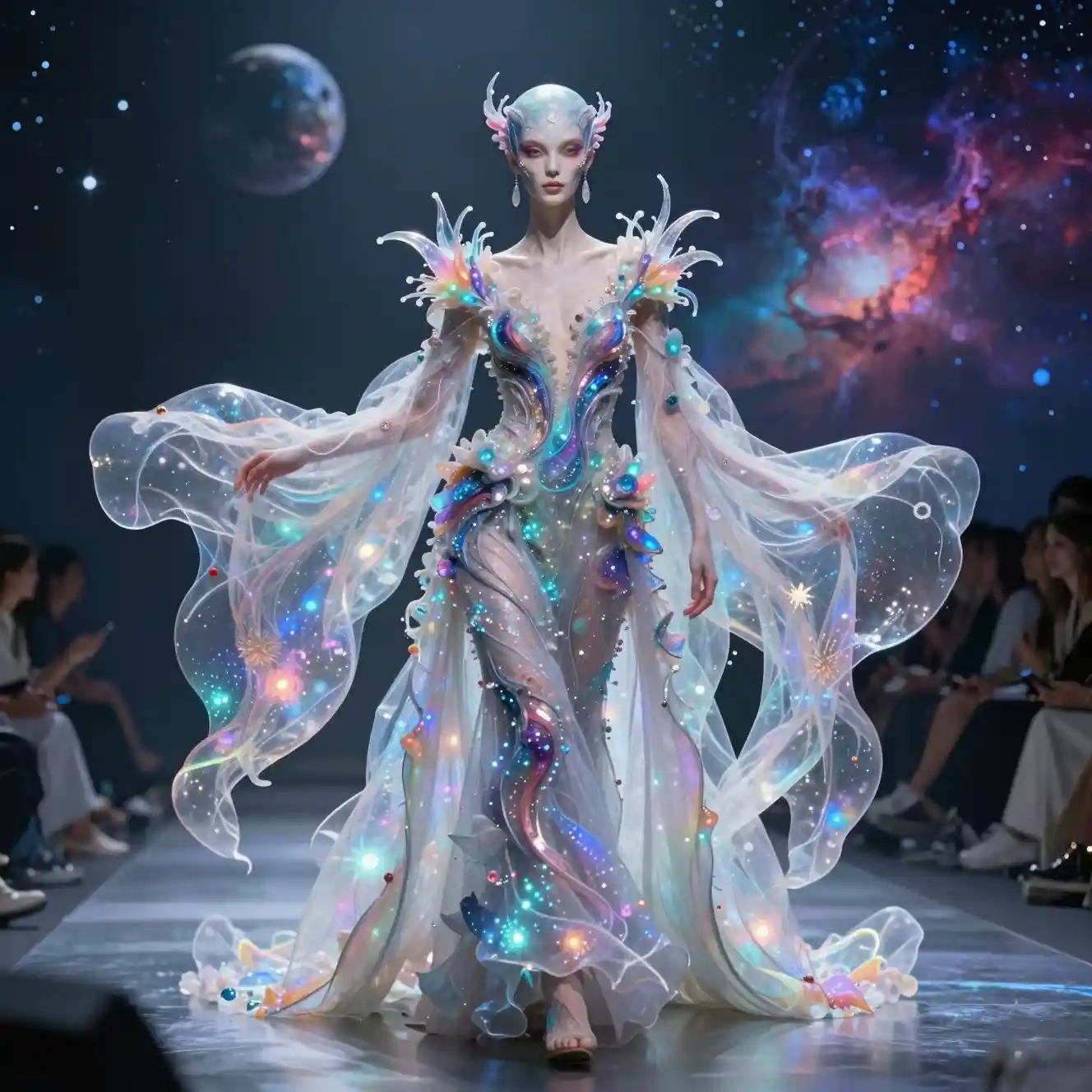 Couture aliena futuristica che brilla sotto una luce solare celestiale