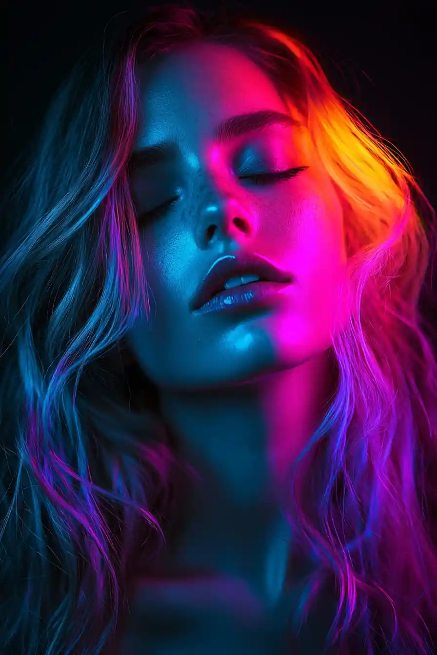Neon cyberpunk portrait of a young woman with rainbow hair