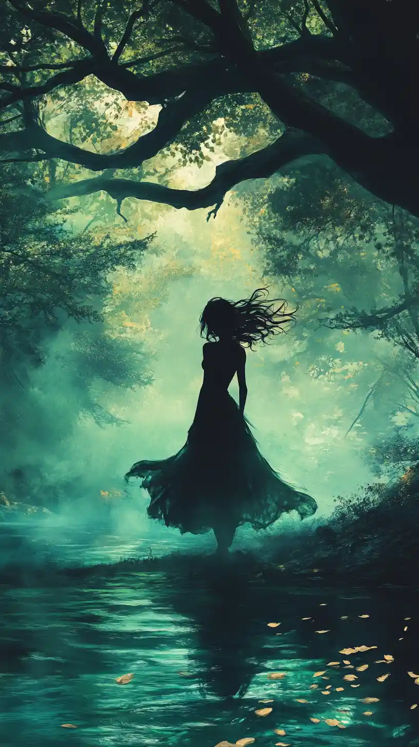 Sagoma di una ragazza presso una tranquilla pozza nella foresta al crepuscolo