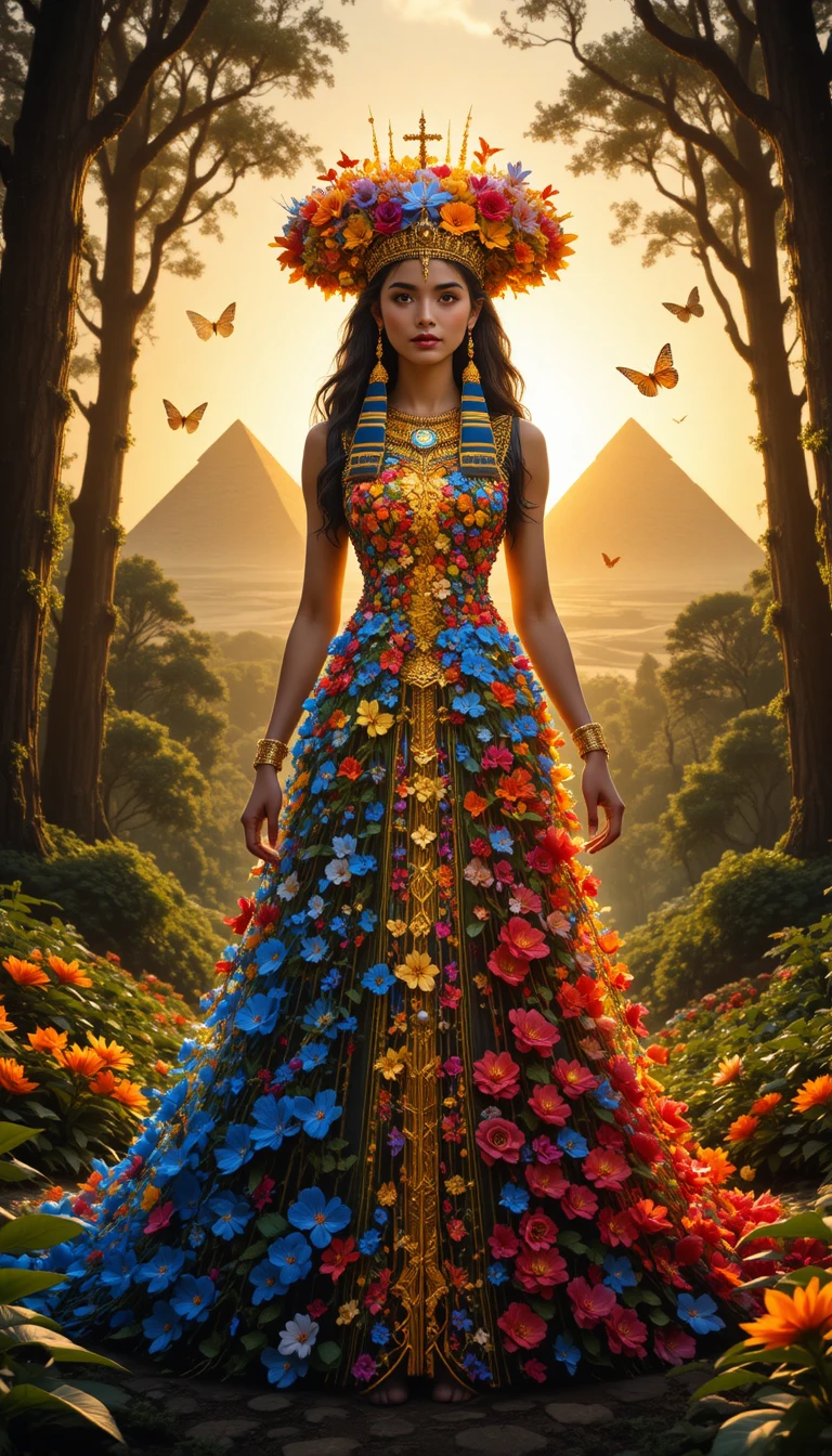 Reina floral con colores de Egipto que protege un bosque luminoso