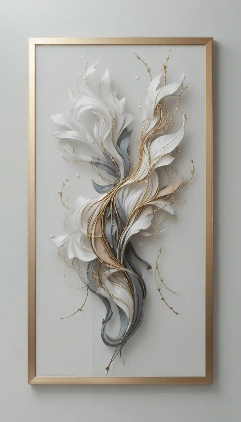 Obra de arte abstrata feminina emoldurada em tons metálicos