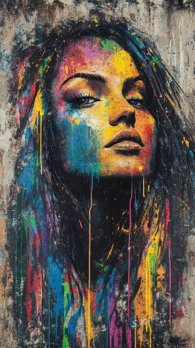 Colorful street art portrait of a woman on urban wall