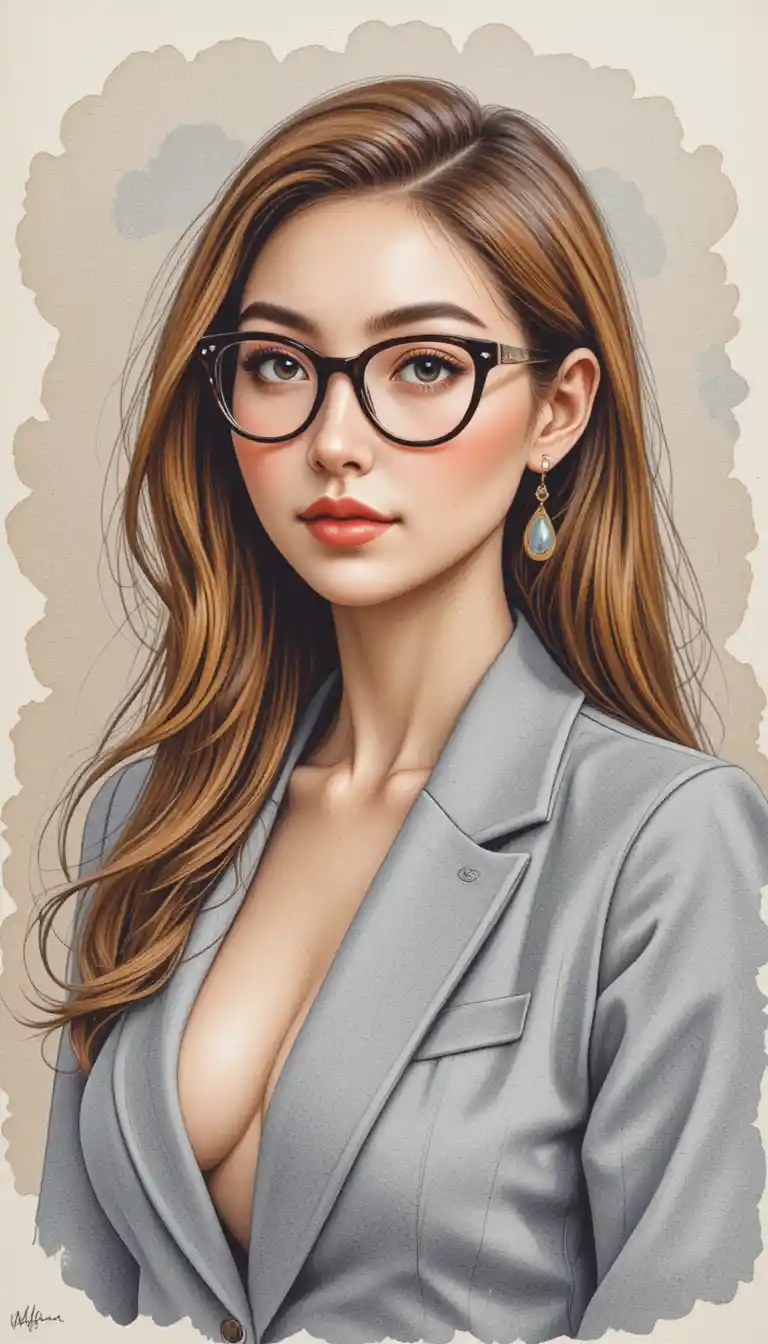 Confident young woman portrait in colored pencil drawing