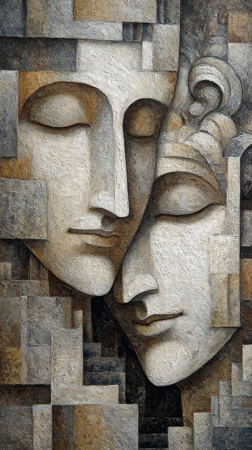 Fusión cubista surrealista de dos rostros serenos de piedra